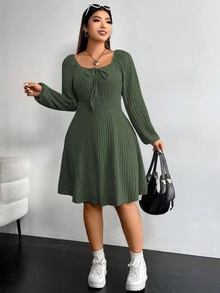 Vionelle Plus Knot Front Lantern Sleeve Ribbed Knit Dress Fall Cloth For Women - Army Green - View 4