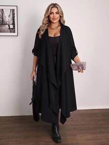 Vionelle Plus Size Casual Waterfall Collar Long Coat Winter Autumn - Black - View 1