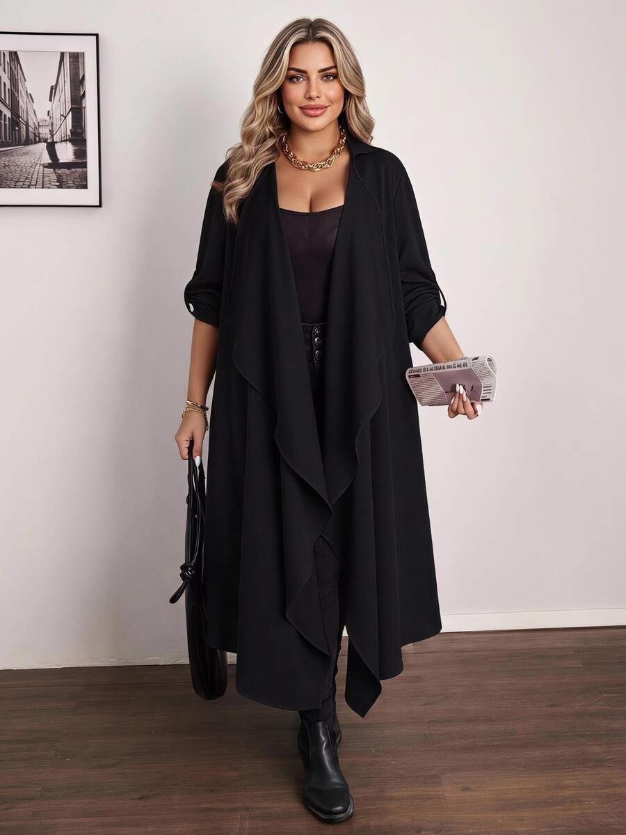 Vionelle Plus Size Casual Waterfall Collar Long Coat Winter Autumn - Black - View 1