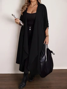 Vionelle Plus Size Casual Waterfall Collar Long Coat Winter Autumn - Black - View 3
