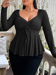 Vionelle Plus Size Sweetheart Neck With Drawstring Ribbed Long Sleeve T-Shirt Fall Cloth For Women - Black - View 6
