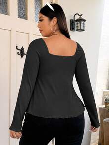 Vionelle Plus Size Sweetheart Neck With Drawstring Ribbed Long Sleeve T-Shirt Fall Cloth For Women - Black - View 2