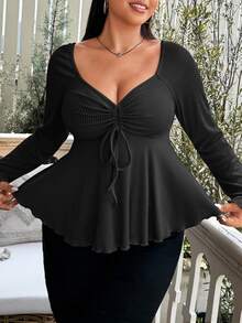 Vionelle Plus Size Sweetheart Neck With Drawstring Ribbed Long Sleeve T-Shirt Fall Cloth For Women - Black - View 7
