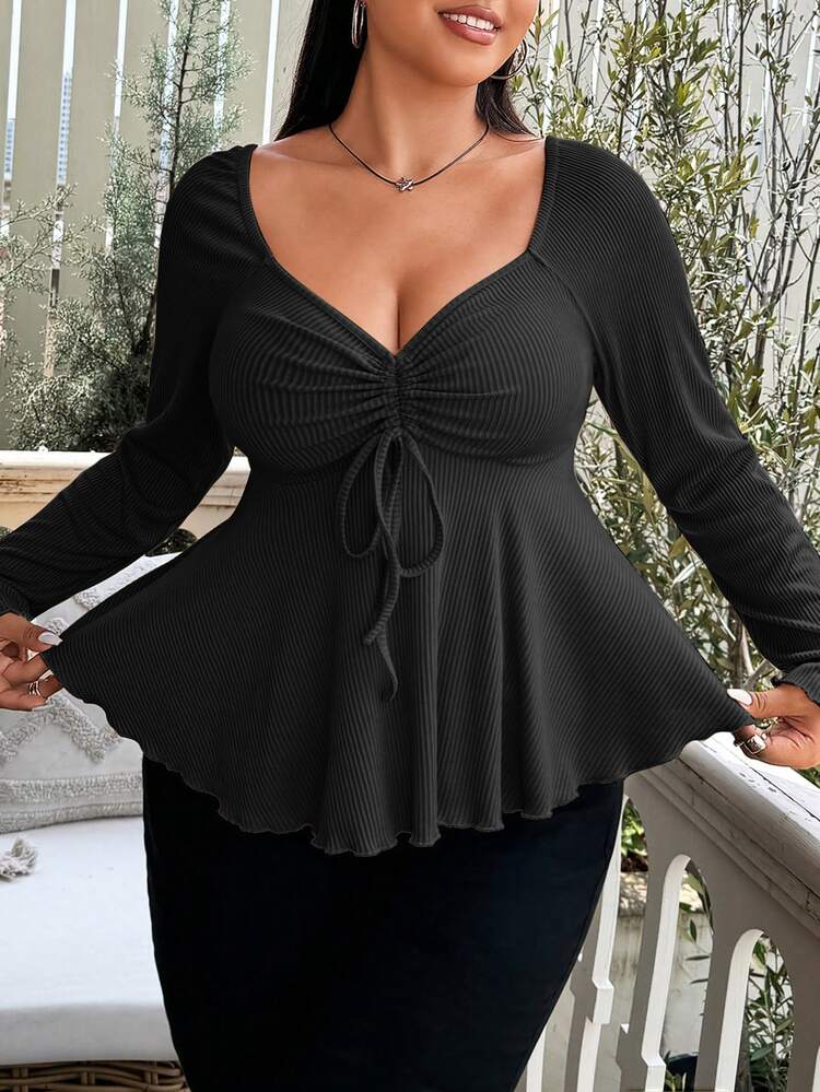 Vionelle Plus Size Sweetheart Neck With Drawstring Ribbed Long Sleeve T-Shirt Fall Cloth For Women - Black - View 7