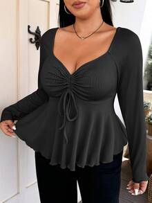 Vionelle Plus Size Sweetheart Neck With Drawstring Ribbed Long Sleeve T-Shirt Fall Cloth For Women - Black - View 5