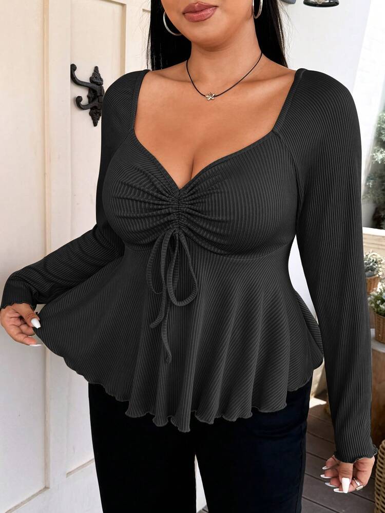 Vionelle Plus Size Sweetheart Neck With Drawstring Ribbed Long Sleeve T-Shirt Fall Cloth For Women - Black - View 5