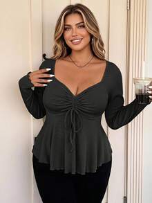 Vionelle Plus Size Sweetheart Neck With Drawstring Ribbed Long Sleeve T-Shirt Fall Cloth For Women - Black - View 1
