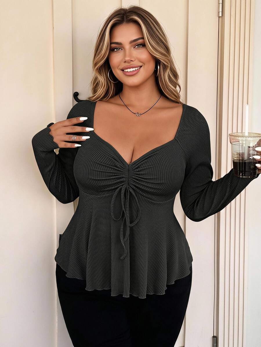 Vionelle Plus Size Sweetheart Neck With Drawstring Ribbed Long Sleeve T-Shirt Fall Cloth For Women - Black - View 1