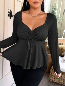 Vionelle Plus Size Sweetheart Neck With Drawstring Ribbed Long Sleeve T-Shirt Fall Cloth For Women - Black - View 4