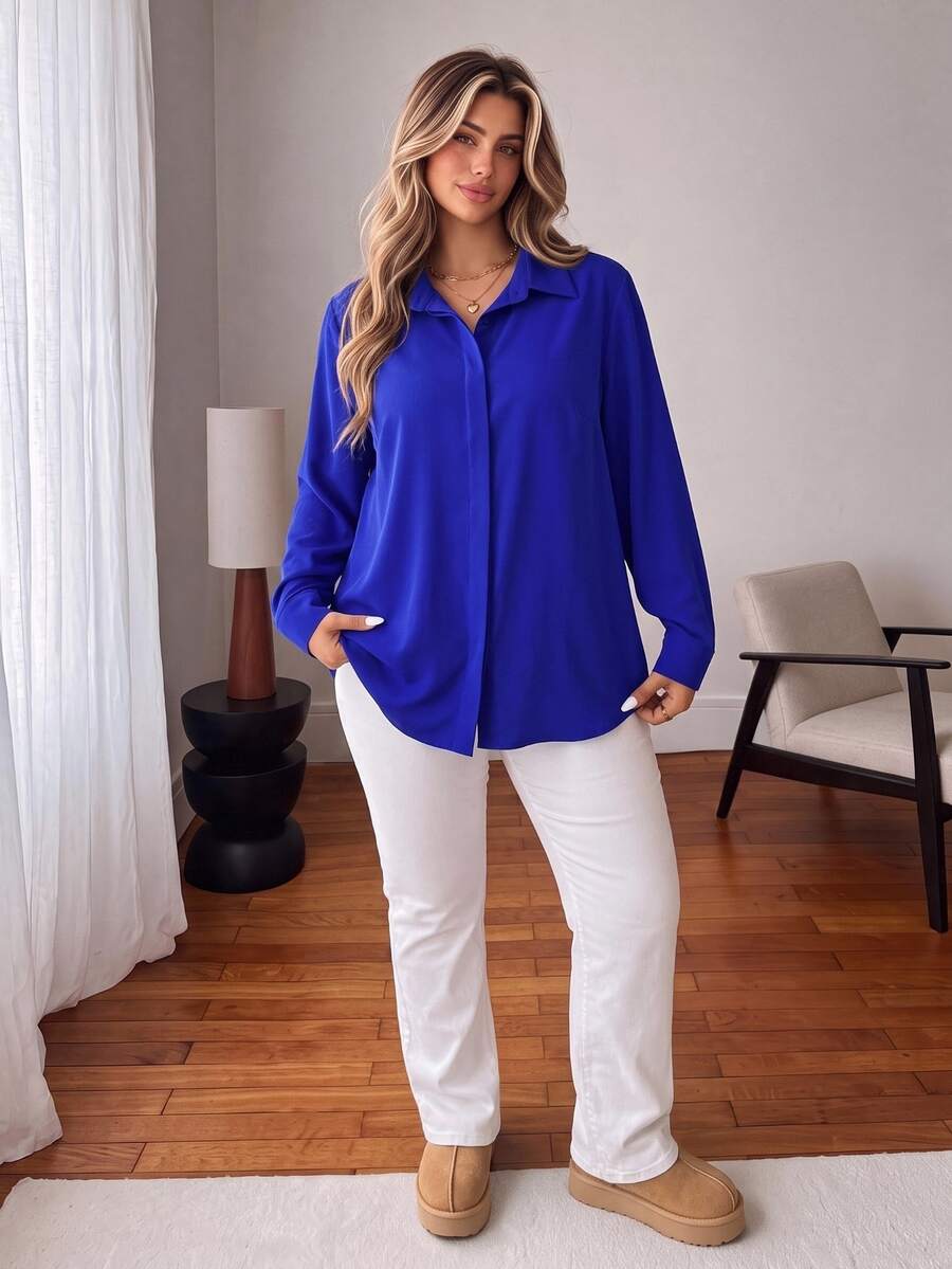Vionelle Plus Solid Button Front Shirt Fall Cloth For Women - Royal Blue - View 1