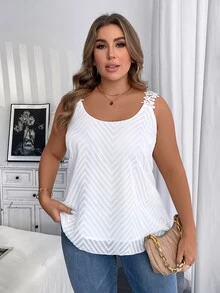Vionelle Camiseta de tirantes de encaje de unicolor para mujer talla grande, verano - Blanco - Ver 4
