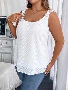 Vionelle Camiseta de tirantes de encaje de unicolor para mujer talla grande, verano - Blanco - Ver 5