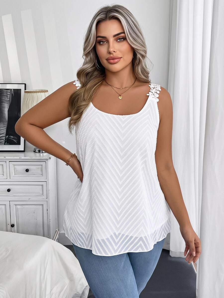Vionelle Camiseta de tirantes de encaje de unicolor para mujer talla grande, verano - Blanco - Ver 1