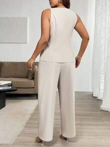 Vionelle 2pcs Plus Size Women Set, V-Neck Sleeveless Floral Button-Up Top + Extended Pants Teachers' Day Formal Office Gold Black Summer Casual Elegant - Khaki - View 2