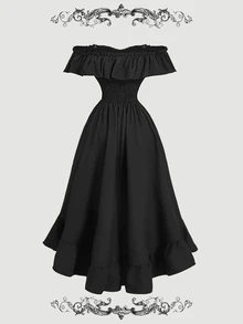 SHEIN MOD 女款黑色復古 80 年代哥德風露肩長洋裝，秋季 70 年代復古哥德風，派對之夜，束腰造型，波希米亞仙女風，慕尼黑啤酒節，萬聖節 - 黑色 - 查看 2