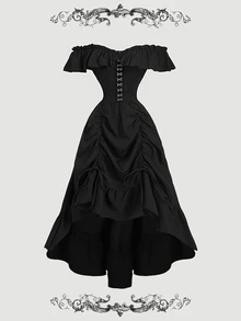 SHEIN MOD 女款黑色復古 80 年代哥德風露肩長洋裝，秋季 70 年代復古哥德風，派對之夜，束腰造型，波希米亞仙女風，慕尼黑啤酒節，萬聖節 - 黑色 - 查看 1