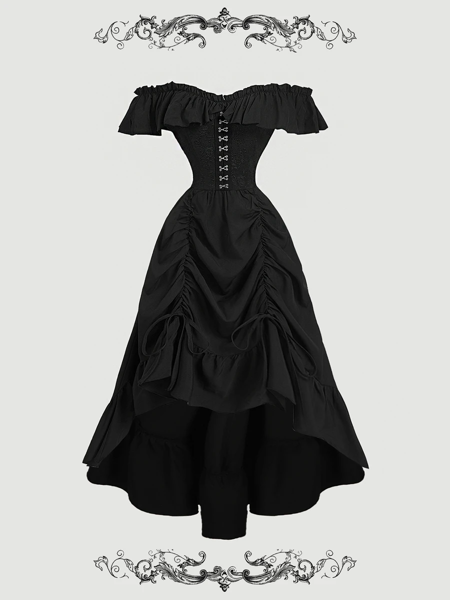 SHEIN MOD 女款黑色復古 80 年代哥德風露肩長洋裝,秋季 70 年代復古哥德風,派對之夜,束腰造型,波希米亞仙女風,慕尼黑啤酒節,萬聖節 - 黑色 - 查看 1
