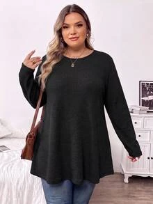 SHEIN CURVE+ 大尺碼秋季休閒寬鬆長袖T恤 - 黑色 - 查看 5