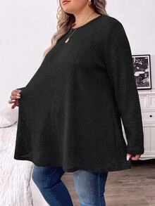 SHEIN CURVE+ 大尺碼秋季休閒寬鬆長袖T恤 - 黑色 - 查看 3
