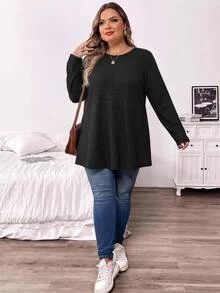 SHEIN CURVE+ 大尺碼秋季休閒寬鬆長袖T恤 - 黑色 - 查看 6