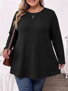 SHEIN CURVE+ 大尺碼秋季休閒寬鬆長袖T恤 - 黑色 - 查看 7
