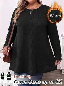 SHEIN CURVE+ 大尺碼秋季休閒寬鬆長袖T恤 - 黑色 - 查看 4