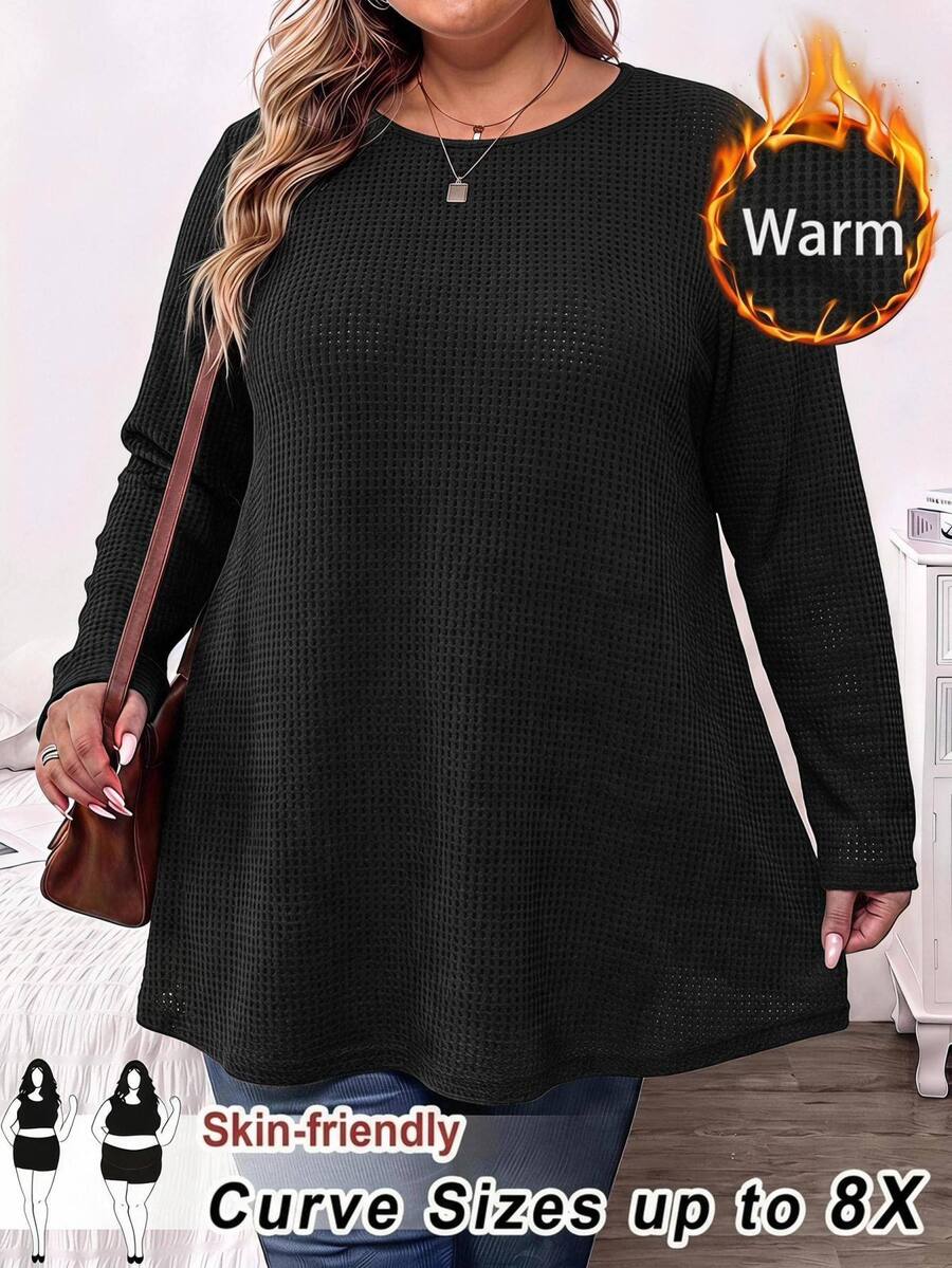 SHEIN CURVE+ Plus Size Autumn Casual Loose Long Sleeve T-Shirt Fall - Black - View 1