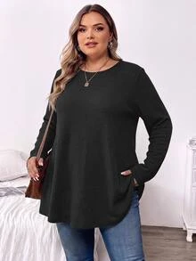 SHEIN CURVE+ 大尺碼秋季休閒寬鬆長袖T恤 - 黑色 - 查看 8