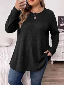 SHEIN CURVE+ 大尺碼秋季休閒寬鬆長袖T恤 - 黑色 - 查看 1