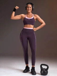 Powerista Women's Letter Print 2 In 1 Daily Fitness Sports Bra - Purple - View 9