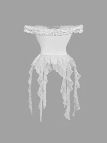 SHEIN MOD Plus Size Women Solid Color Lace Off Shoulder Ruffle Asymmetric Hem T-Shirt,,Jellyfish Hem - White - View 3