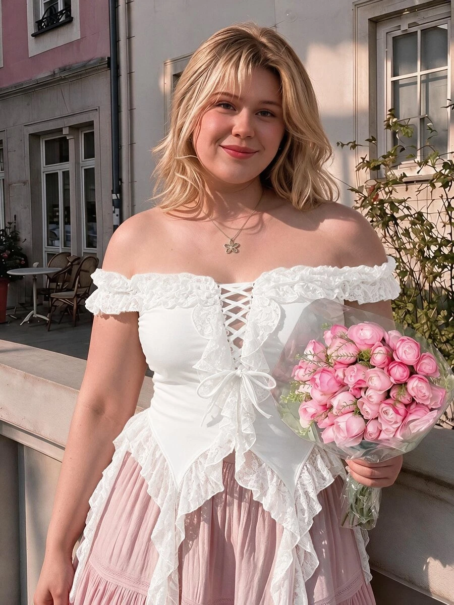 SHEIN MOD Plus Size Women Solid Color Lace Off Shoulder Ruffle Asymmetric Hem T-Shirt,,Jellyfish Hem - White - View 1