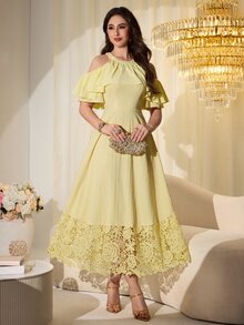 Modelyn Elegant Yellow Ruffle Off-Shoulder Embroidered Patchwork Mid-Length Dress For Women - Yellow - View 6