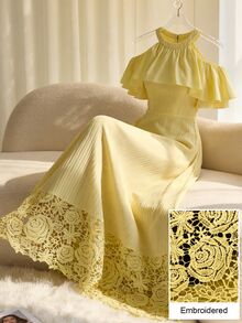 Modelyn Elegant Yellow Ruffle Off-Shoulder Embroidered Patchwork Mid-Length Dress For Women - Yellow - View 4