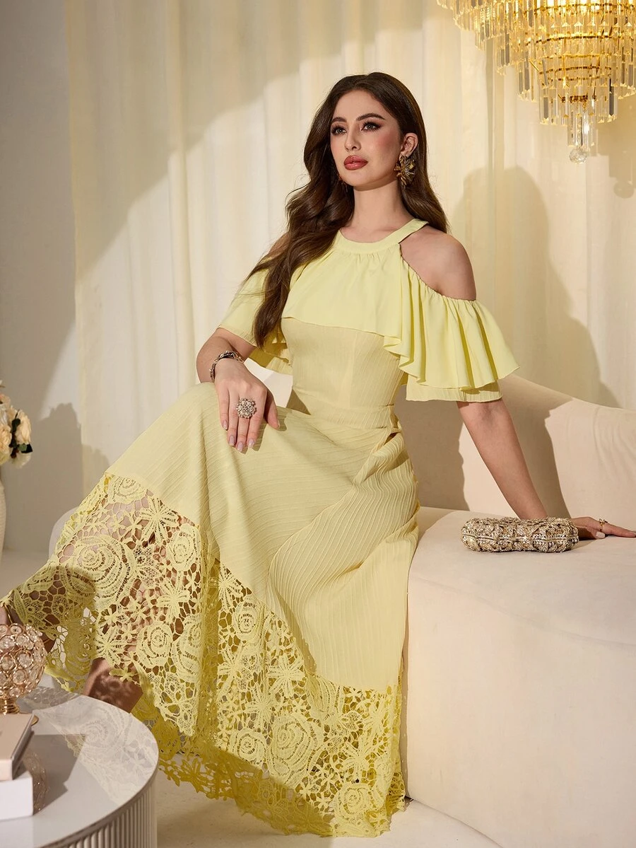 Modelyn Elegant Yellow Ruffle Off-Shoulder Embroidered Patchwork Mid-Length Dress For Women