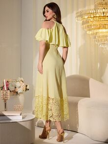Modelyn Elegant Yellow Ruffle Off-Shoulder Embroidered Patchwork Mid-Length Dress For Women - Yellow - View 9