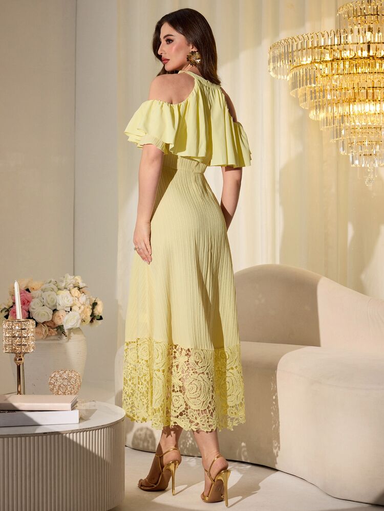 Elegant Yellow Ruffle Off-Shoulder Embroidered Patchwork Mid-Length Dress For Women - Yellow - View 8