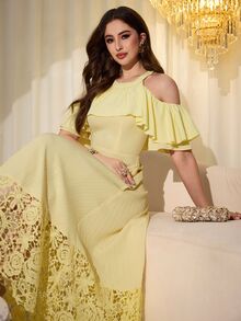 Modelyn Elegant Yellow Ruffle Off-Shoulder Embroidered Patchwork Mid-Length Dress For Women - Yellow - View 5