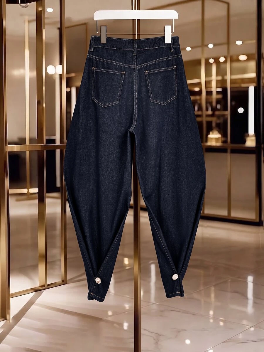 GlowEve Fall Vintage Loose Fit Button Pocket Denim Dark Blue Daily Wear Street Versatile Wide Leg Denim Jeans For Women - Blue - View 1