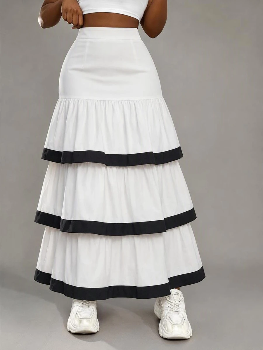 Eryvara Elegant Black & White Colorblock Ruffle High Waist Skirt, Suitable For Vacation, Dating, Party - White - View 1