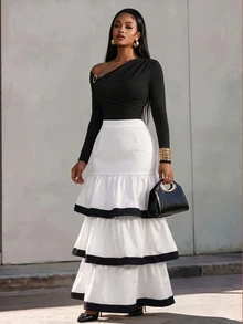 Eryvara Elegant Black & White Colorblock Ruffle High Waist Skirt, Suitable For Vacation, Dating, Party - White - View 7