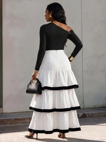 Eryvara Elegant Black & White Colorblock Ruffle High Waist Skirt, Suitable For Vacation, Dating, Party - White - View 2