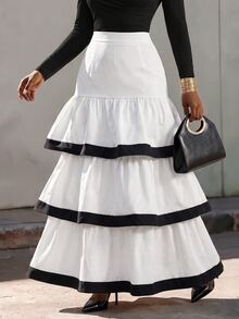 Eryvara Elegant Black & White Colorblock Ruffle High Waist Skirt, Suitable For Vacation, Dating, Party - White - View 8