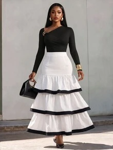Eryvara Elegant Black & White Colorblock Ruffle High Waist Skirt, Suitable For Vacation, Dating, Party - White - View 4