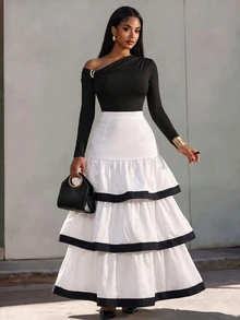Eryvara Elegant Black & White Colorblock Ruffle High Waist Skirt, Suitable For Vacation, Dating, Party - White - View 5