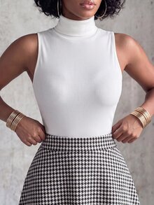 Eryvara Rok Panjang Wanita Motif Houndstooth Warna Blok dengan Hem Bergelombang, Cocok untuk Kencan, Pakaian Sehari-hari, dan Pesta. - Hitam - View 5