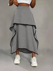 Eryvara Rok Panjang Wanita Motif Houndstooth Warna Blok dengan Hem Bergelombang, Cocok untuk Kencan, Pakaian Sehari-hari, dan Pesta. - Hitam - View 1