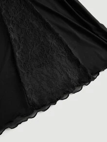 SHEIN MOD Plus Size High-Waisted Lace Patchwork Mermaid Mesh Vintage Skirt, School Skirt, Black Skirt, Bachelorette, Rave Festivals, Dinner Fall - Black - View 5