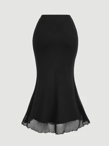 SHEIN MOD Plus Size High-Waisted Lace Patchwork Mermaid Mesh Vintage Skirt, School Skirt, Black Skirt, Bachelorette, Rave Festivals, Dinner Fall - Black - View 3