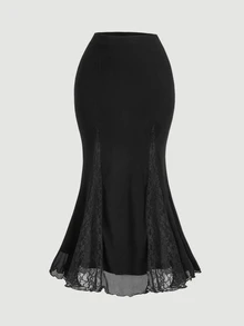 SHEIN MOD Plus Size High-Waisted Lace Patchwork Mermaid Mesh Vintage Skirt, School Skirt, Black Skirt, Bachelorette, Rave Festivals, Dinner Fall - Black - View 2